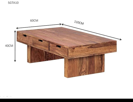 Nest Honest Wooden Centre/Center Table for Living Room | Rectangle Design, 3 Drawer | Solid Wood Sheesham, Natural