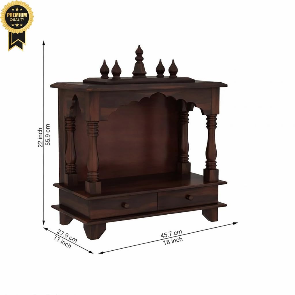 Wall Mounted Wooden Temple for Home | Solid Sheesham Wood Pooja Mandir with 2 Drawers | Walnut Finish