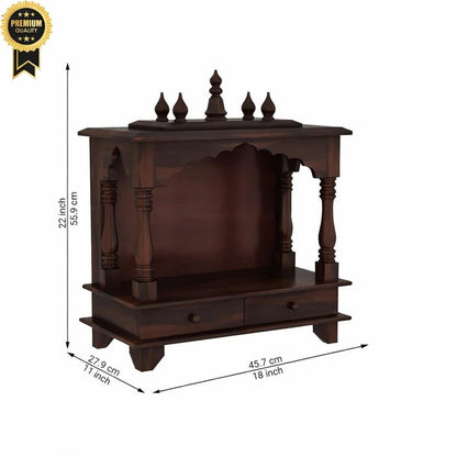 Wall Mounted Wooden Temple for Home | Solid Sheesham Wood Pooja Mandir with 2 Drawers | Walnut Finish