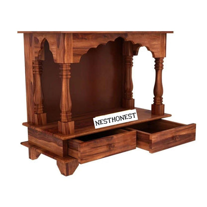 Wall Mounted Solid Sheesham Wood Temple for Home with 2 Drawers | Wooden Pooja Mandir | Honey Finish