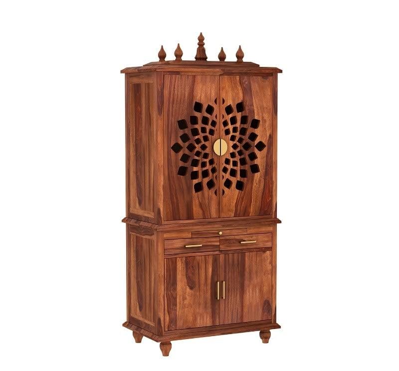 5.8 Feet Solid Sheesham Wood Temple for Home | Large Pooja Mandir with Storage Cabinet & 2 Drawers | Honey Finish