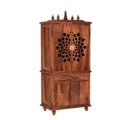 5.8 Feet Solid Sheesham Wood Temple for Home | Large Pooja Mandir with Storage Cabinet & 2 Drawers | Honey Finish
