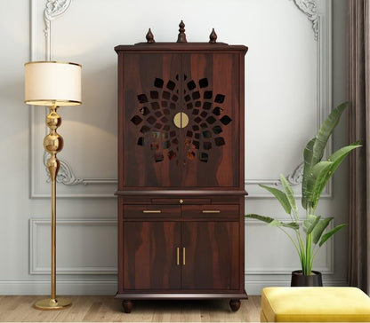 Solid Sheesham Wood Temple for Home 5.8 Feet | Large Pooja Mandir with Storage Cabinet & 2 Drawers | Walnut Finish
