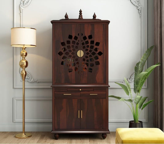 Solid Sheesham Wood Temple for Home 5.8 Feet | Large Pooja Mandir with Storage Cabinet & 2 Drawers | Walnut Finish