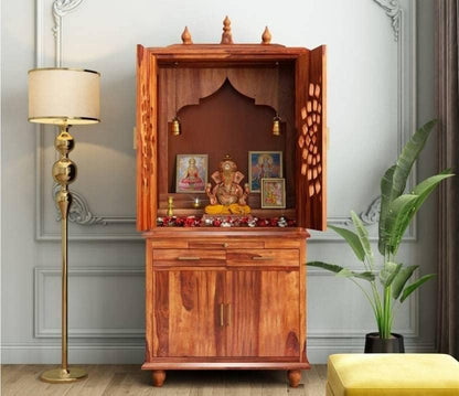 5.8 Feet Solid Sheesham Wood Temple for Home | Large Pooja Mandir with Storage Cabinet & 2 Drawers | Honey Finish