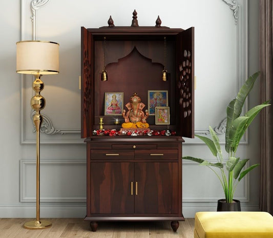 Solid Sheesham Wood Temple for Home 5.8 Feet | Large Pooja Mandir with Storage Cabinet & 2 Drawers | Walnut Finish