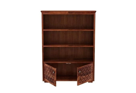 NESTHONEST Wooden Book Shelf for Living Room | Open Bookcases with 3 Shelf & 2 Doors Cabinet Storage | Display Unit for Home Furniture | Solid Wood Sheesham, Honey Oak