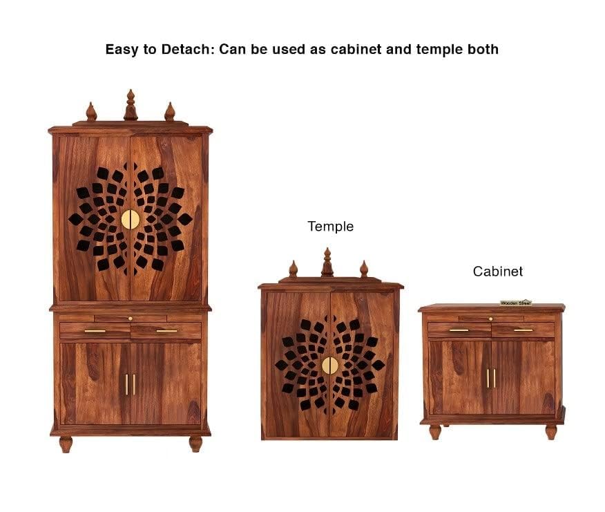 5.8 Feet Solid Sheesham Wood Temple for Home | Large Pooja Mandir with Storage Cabinet & 2 Drawers | Honey Finish