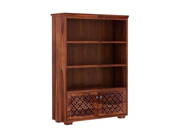 NESTHONEST Wooden Book Shelf for Living Room | Open Bookcases with 3 Shelf & 2 Doors Cabinet Storage | Display Unit for Home Furniture | Solid Wood Sheesham, Honey Oak
