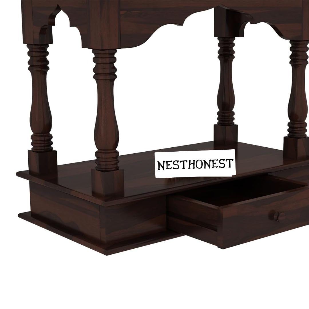 Wall Mounted Solid Sheesham Wood Temple for Home with 1 Drawer | Wooden Pooja Mandir | Walnut Finish