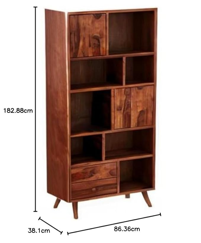 NESTHONEST Wooden Book Shelf for Living Room | Open Bookcases with 7 Shelf, 2 Drawers & 2 Doors Cabinet Storage | Display Unit for Home Furniture | Solid Wood Sheesham, Honey Oak