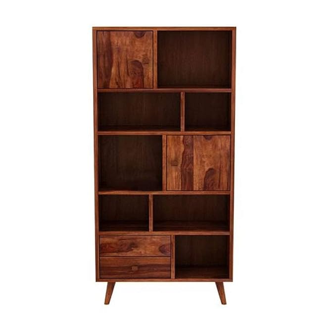 NESTHONEST Wooden Book Shelf for Living Room | Open Bookcases with 7 Shelf, 2 Drawers & 2 Doors Cabinet Storage | Display Unit for Home Furniture | Solid Wood Sheesham, Honey Oak