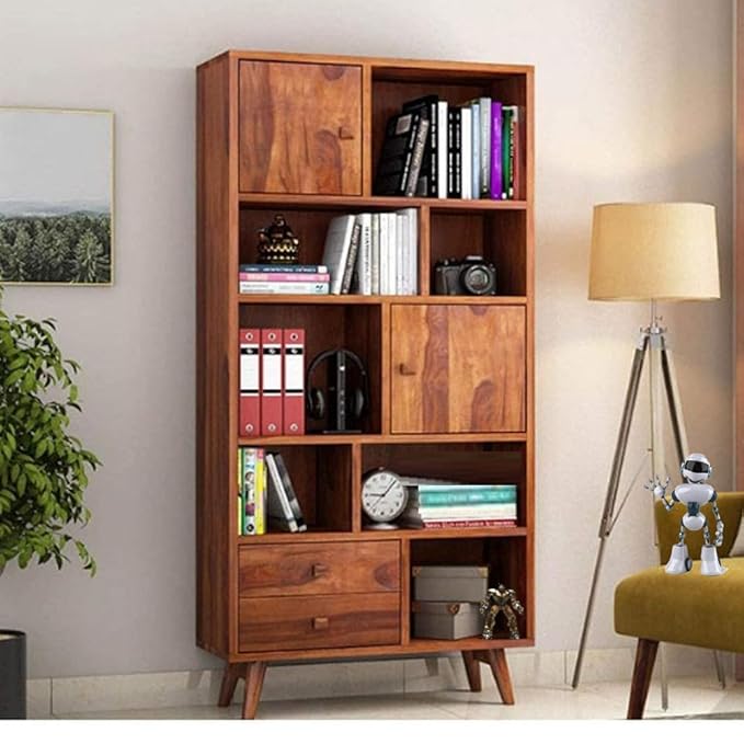 NESTHONEST Wooden Book Shelf for Living Room | Open Bookcases with 7 Shelf, 2 Drawers & 2 Doors Cabinet Storage | Display Unit for Home Furniture | Solid Wood Sheesham, Honey Oak