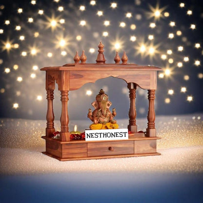 Wall Mounted Solid Sheesham Wood Temple for Home with 1 Drawer | Wooden Pooja Mandir | Honey Finish