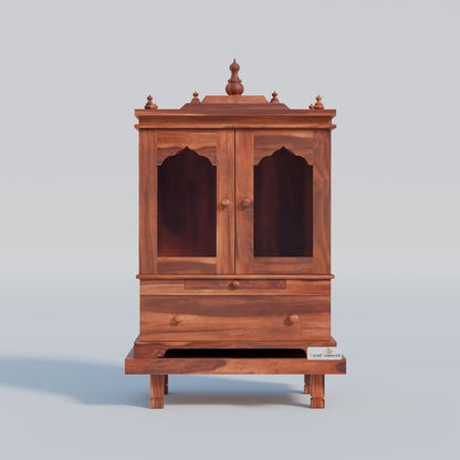 Solid Sheesham Wood Temple for Home with Glass Doors | Wooden Pooja Mandir with Drawer, Storage & Chouki | Honey Finish