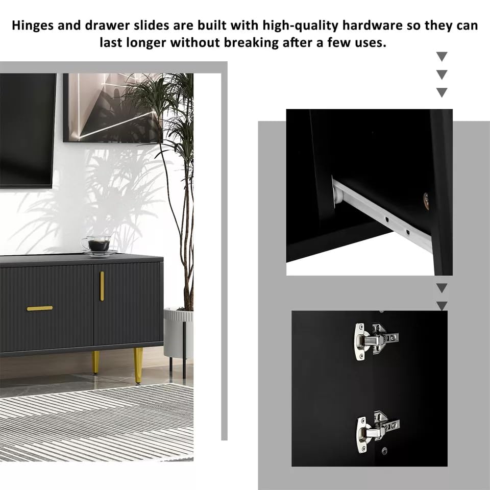 Wooden Entertainment TV Unit Solid Wood Sheesham Iron Black Golden for Living Room