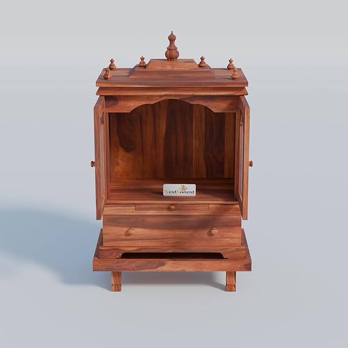 NESTHONEST 3 Feet Wooden Temple for Home | Pooja Mandir, Puja Ghar Mandap with 1 Drawer Storage, 2 Glass Door Cabinet, Pooja Choki & Dhoop Batti Slider...