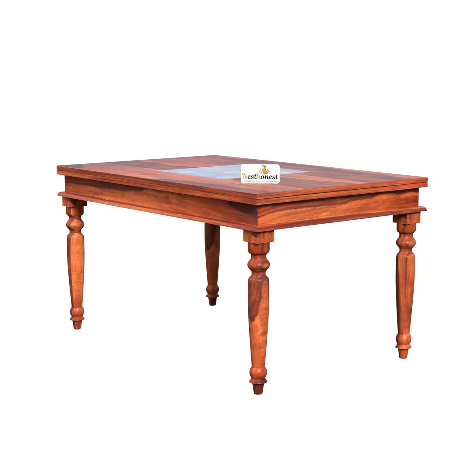 NESTHONEST Wooden 6 Seater Dining Table Set with Tile Work | Six Seater Dinning Table with 4 Chairs & 1 Bench | Dining Room Furniture for Home, Kitchen & Restaurant | Solid Wood Sheesham, Honey Finish