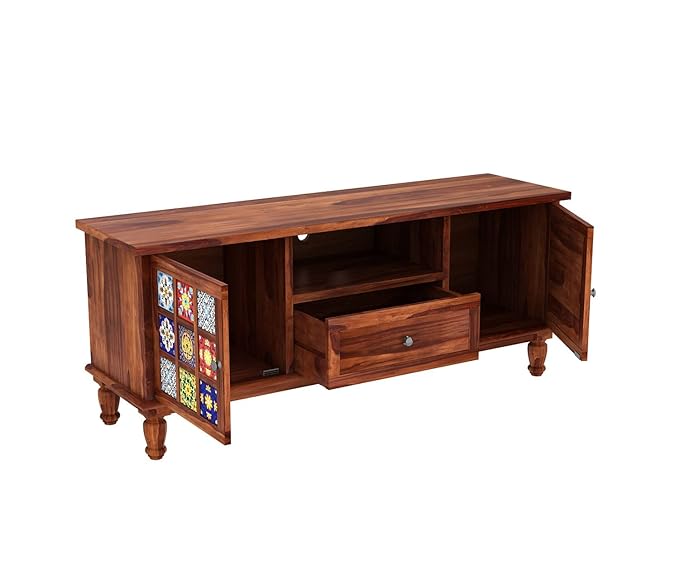Nest Honest Solid sheesham Wood tv Unit 1 Drawer 2 Door Cabinet Natural Teak Finish Colour Brown