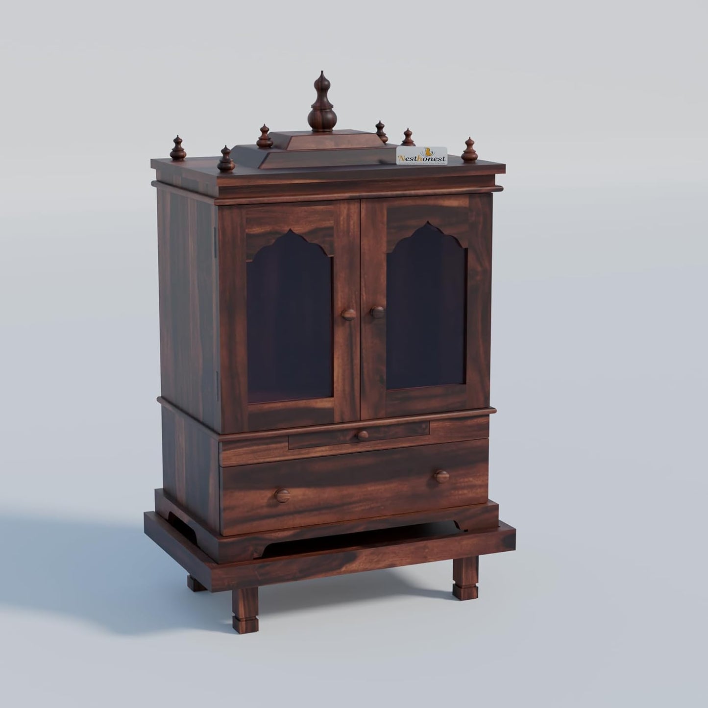 NESTHONEST 3 Feet Wooden Temple for Home | Pooja Mandir, Puja Ghar Mandap with 1 Drawer Storage, 2 Glass Door Cabinet, Pooja Choki & Dhoop Batti Slider.