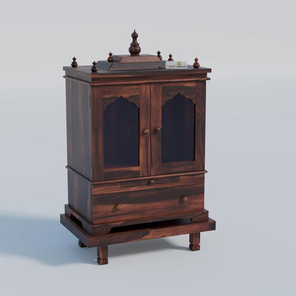 Solid Sheesham Wood Temple for Home with Glass Doors | Wooden Pooja Mandir with Drawer, Storage & Chouki | Walnut Finish