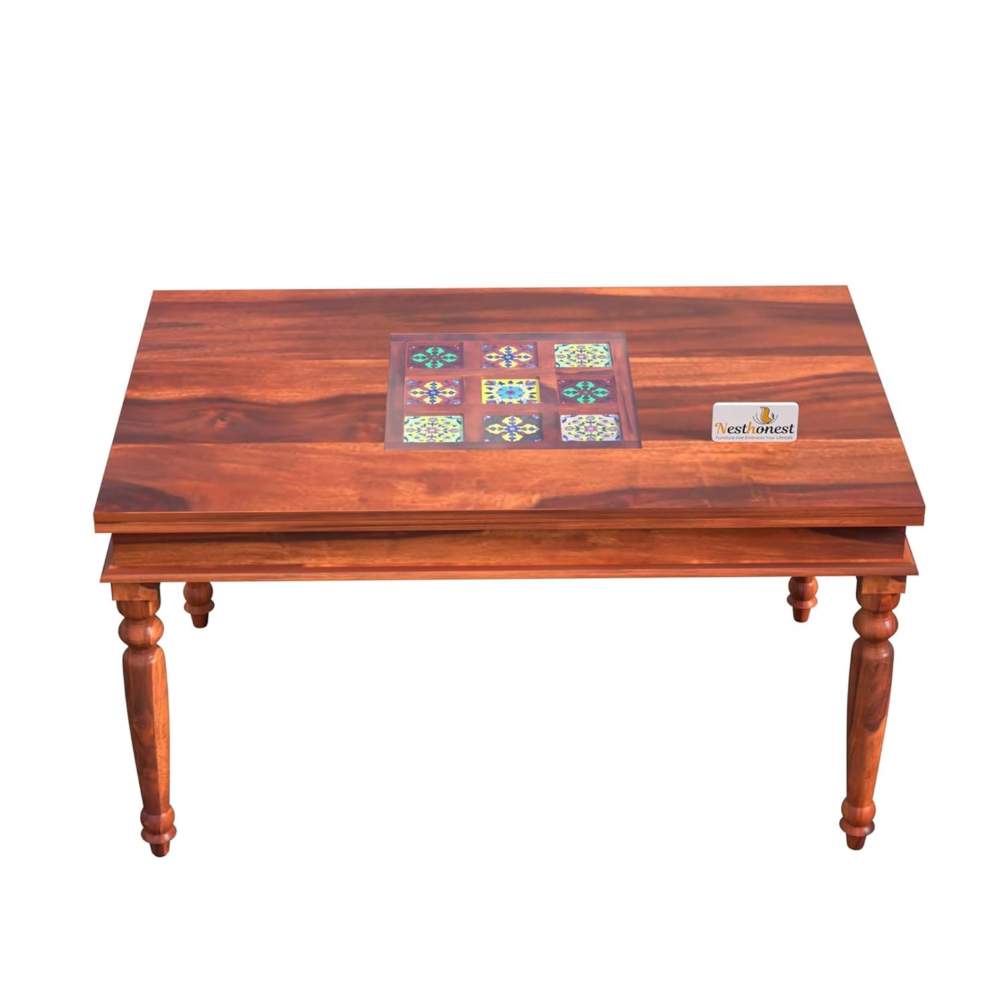 NESTHONEST Wooden 6 Seater Dining Table Set with Tile Work | Six Seater Dinning Table with 4 Chairs & 1 Bench | Dining Room Furniture for Home, Kitchen & Restaurant | Solid Wood Sheesham, Honey Finish