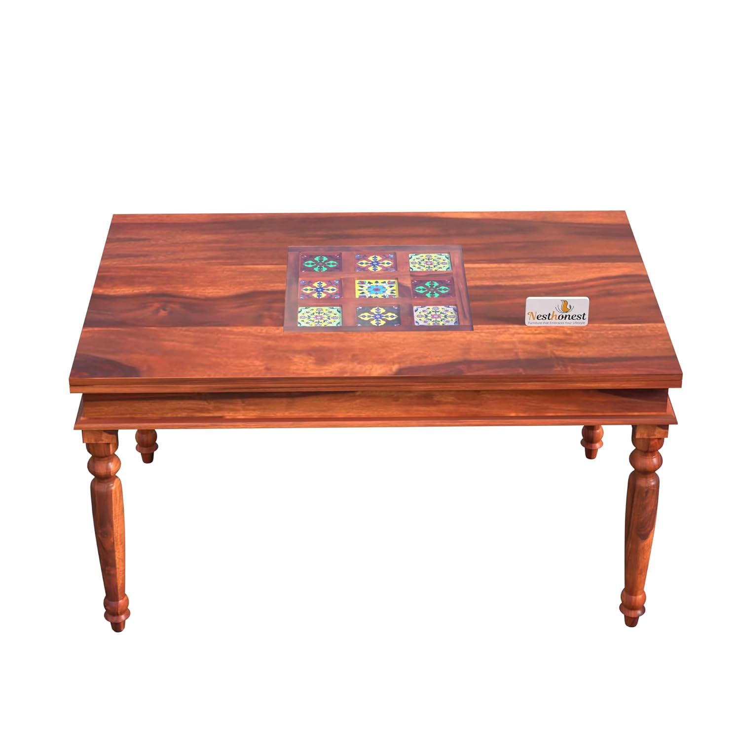 NESTHONEST Wooden 6 Seater Dining Table Set with Tile Work | Six Seater Dinning Table with 4 Chairs & 1 Bench | Dining Room Furniture for Home, Kitchen & Restaurant | Solid Wood Sheesham, Honey Finish