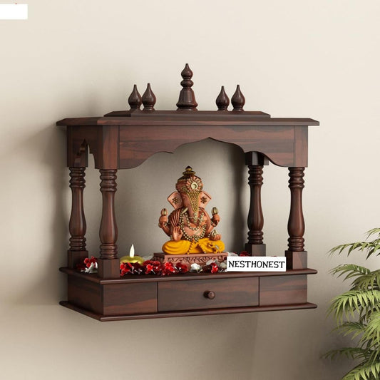 Wall Mounted Solid Sheesham Wood Temple for Home with 1 Drawer | Wooden Pooja Mandir | Walnut Finish