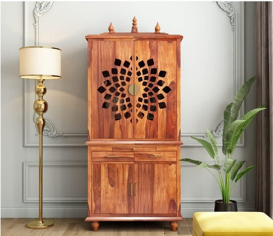 5.8 Feet Solid Sheesham Wood Temple for Home | Large Pooja Mandir with Storage Cabinet & 2 Drawers | Honey Finish