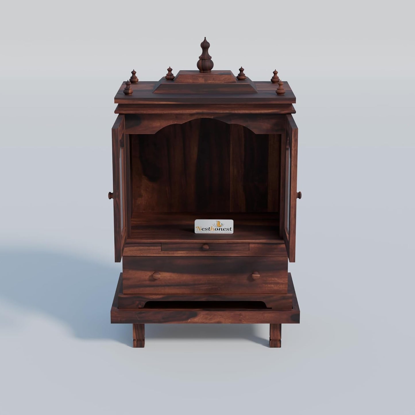 Solid Sheesham Wood Temple for Home with Glass Doors | Wooden Pooja Mandir with Drawer, Storage & Chouki | Walnut Finish