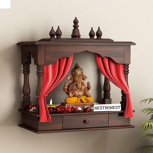 Wall Mounted Solid Sheesham Wood Temple for Home with 1 Drawer | Wooden Pooja Mandir | Walnut Finish