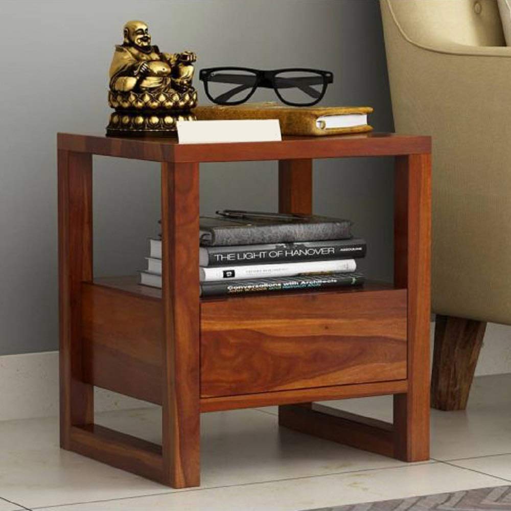 NESTHONEST Wooden Bedside Table for Bedroom | Nightstand Bed Side End Table with Shelf & Drawer Storage | Solid Wood Sheesham, Honey Oak