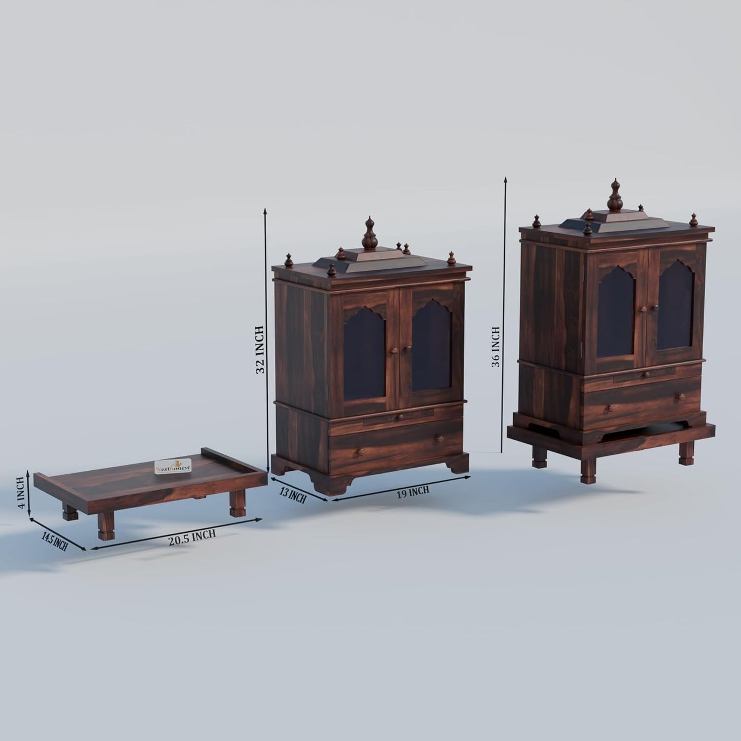 Solid Sheesham Wood Temple for Home with Glass Doors | Wooden Pooja Mandir with Drawer, Storage & Chouki | Walnut Finish