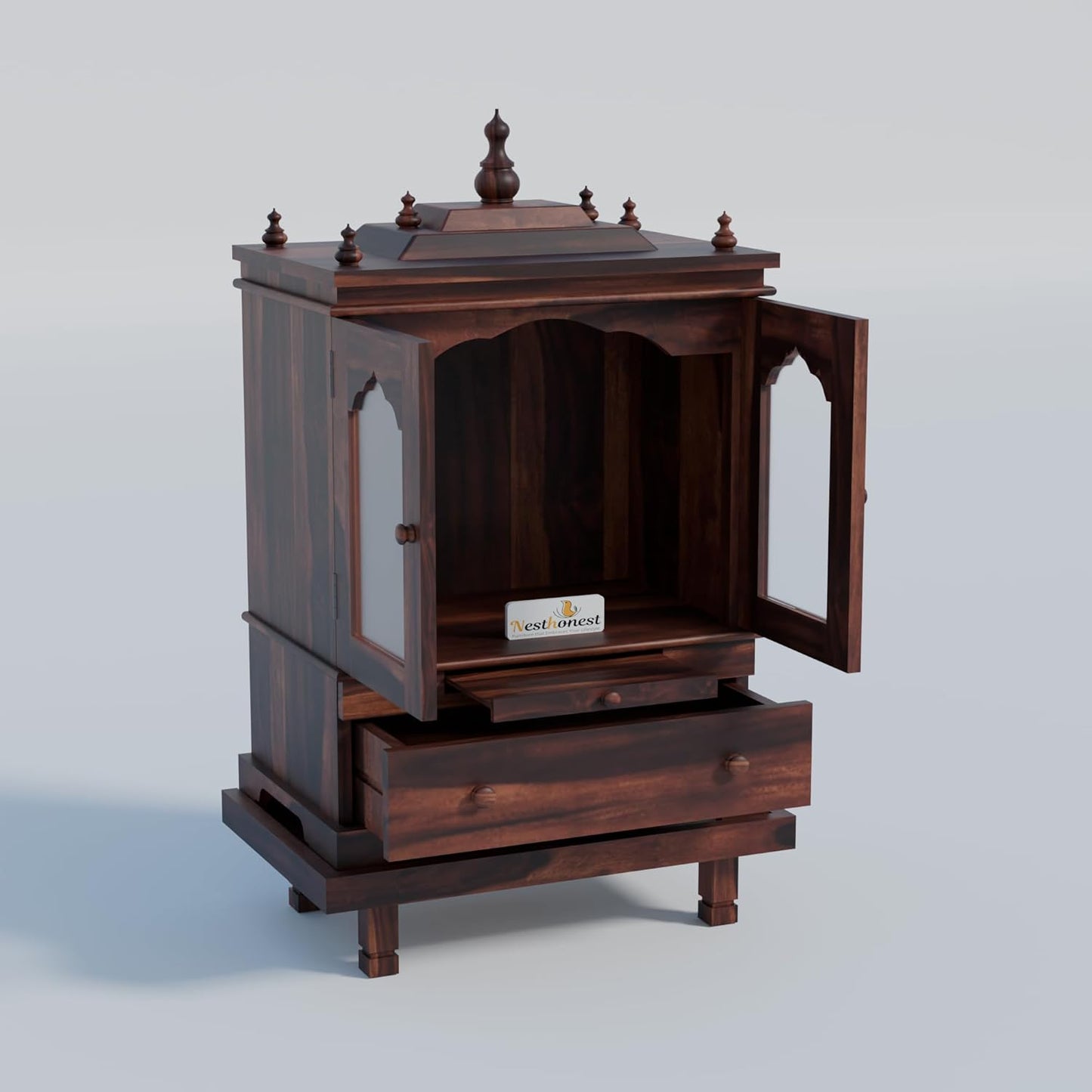 NESTHONEST 3 Feet Wooden Temple for Home | Pooja Mandir, Puja Ghar Mandap with 1 Drawer Storage, 2 Glass Door Cabinet, Pooja Choki & Dhoop Batti Slider.