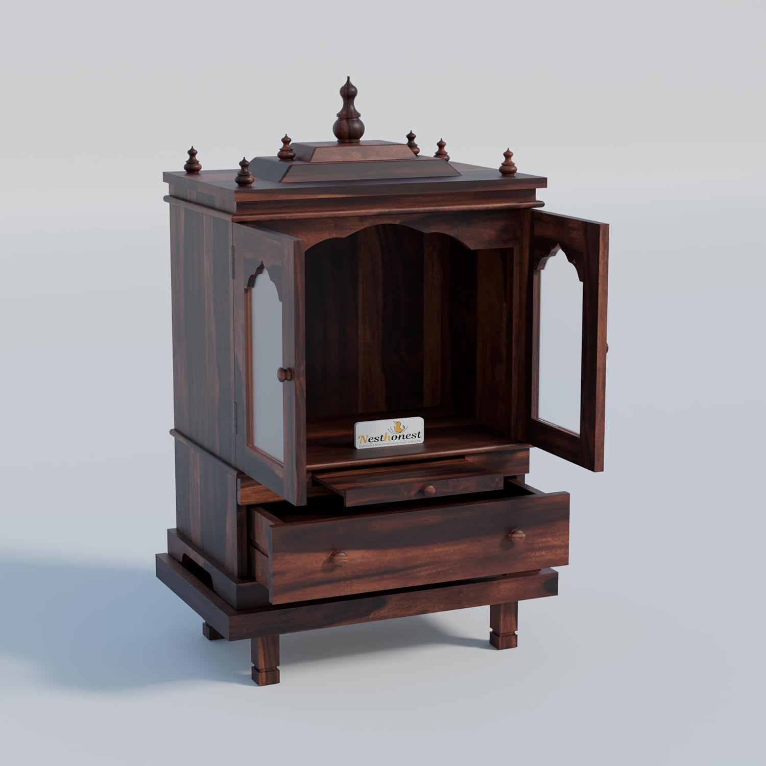 NESTHONEST 3 Feet Wooden Temple for Home | Pooja Mandir, Puja Ghar Mandap with 1 Drawer Storage, 2 Glass Door Cabinet, Pooja Choki & Dhoop Batti Slider.