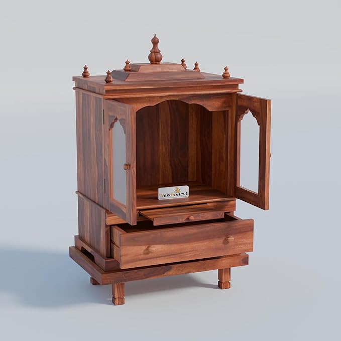 NESTHONEST 3 Feet Wooden Temple for Home | Pooja Mandir, Puja Ghar Mandap with 1 Drawer Storage, 2 Glass Door Cabinet, Pooja Choki & Dhoop Batti Slider...