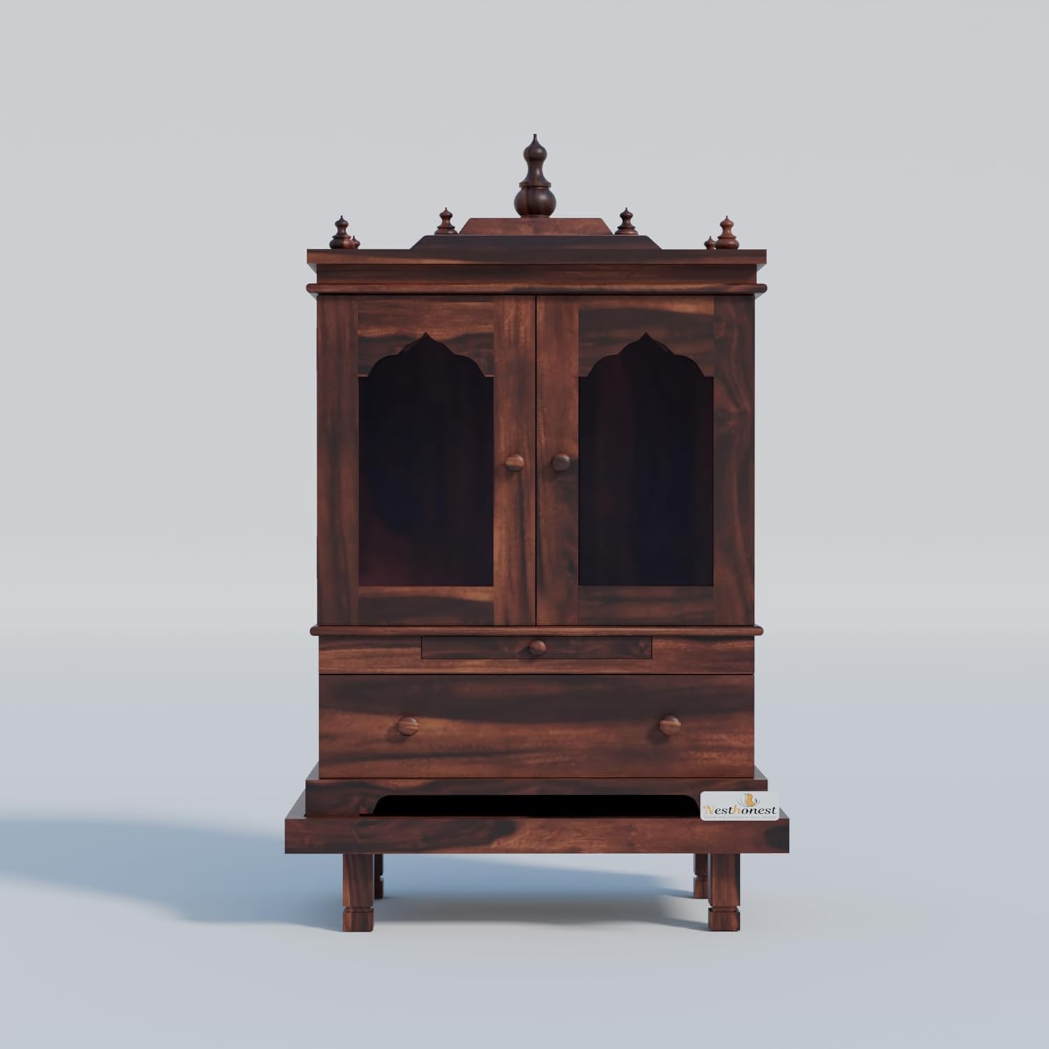 NESTHONEST 3 Feet Wooden Temple for Home | Pooja Mandir, Puja Ghar Mandap with 1 Drawer Storage, 2 Glass Door Cabinet, Pooja Choki & Dhoop Batti Slider.