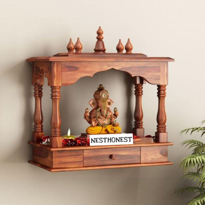 Wall Mounted Solid Sheesham Wood Temple for Home with 1 Drawer | Wooden Pooja Mandir | Honey Finish