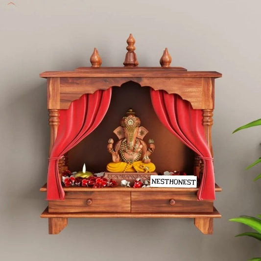 Wall Mounted Solid Sheesham Wood Temple for Home with 2 Drawers | Wooden Pooja Mandir | Honey Finish