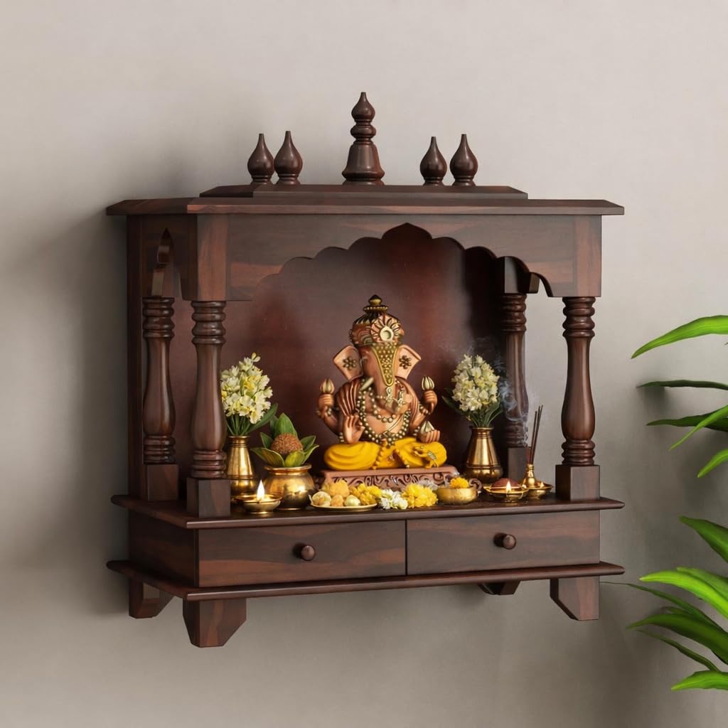 Wall Mounted Wooden Temple for Home | Solid Sheesham Wood Pooja Mandir with 2 Drawers | Walnut Finish