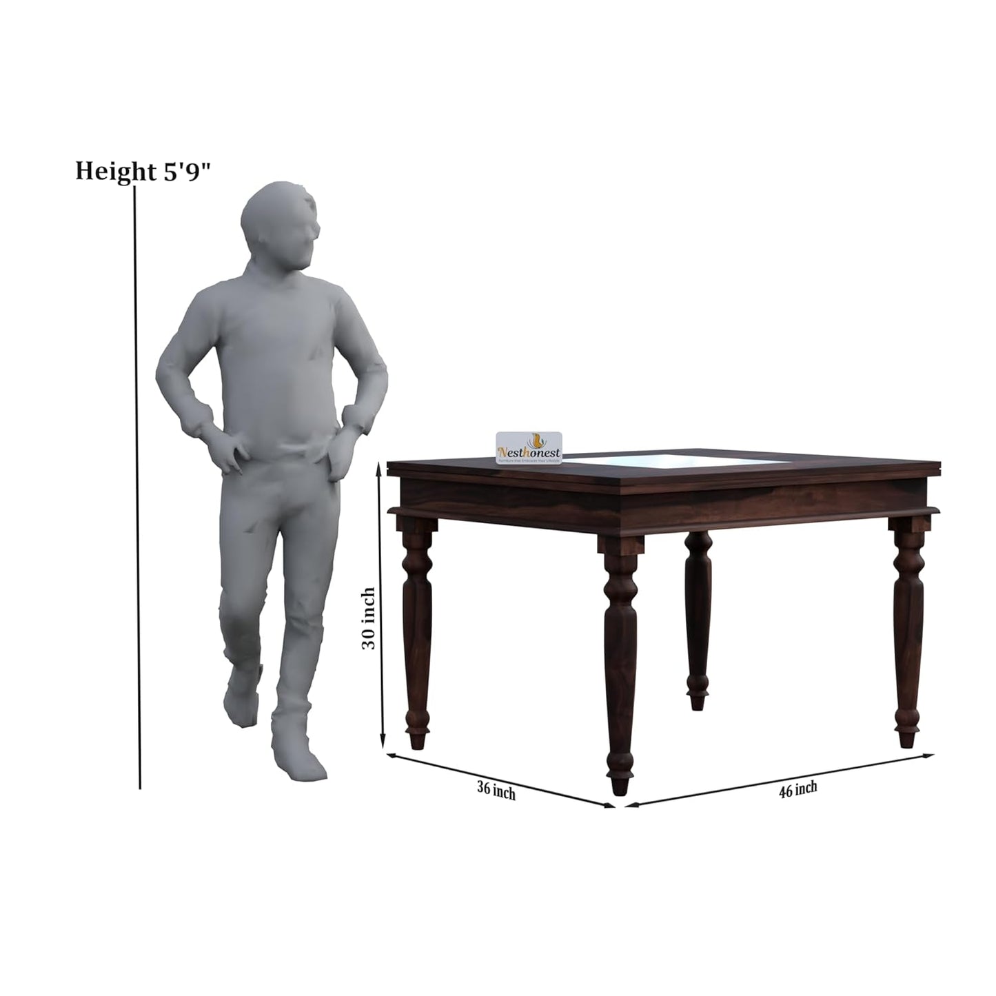 NESTHONEST King Size Glass Top Dining Table 4 Seater | Wooden 4 Seater Dining Table Set | 46Lx36Wx30H | Four Seater Dinner Table with Cushion Chairs &...