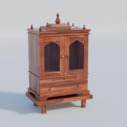Solid Sheesham Wood Temple for Home with Glass Doors | Wooden Pooja Mandir with Drawer, Storage & Chouki | Honey Finish