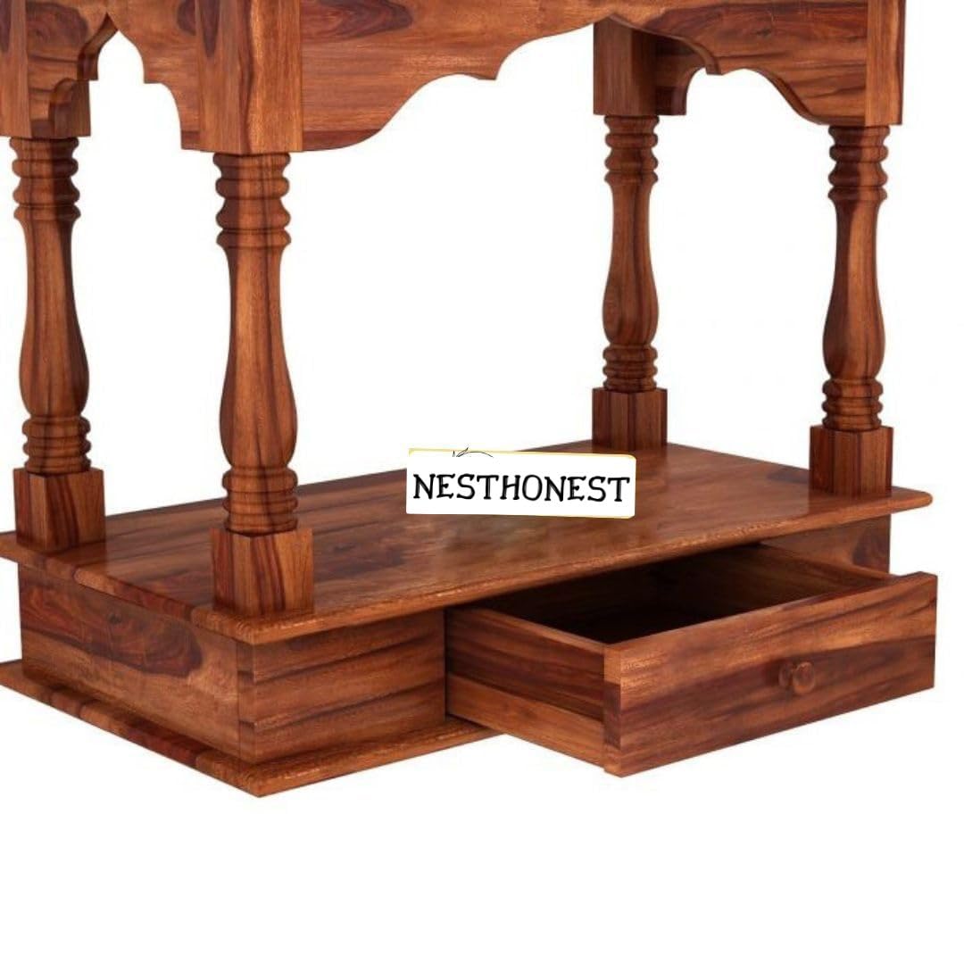 Wall Mounted Solid Sheesham Wood Temple for Home with 1 Drawer | Wooden Pooja Mandir | Honey Finish