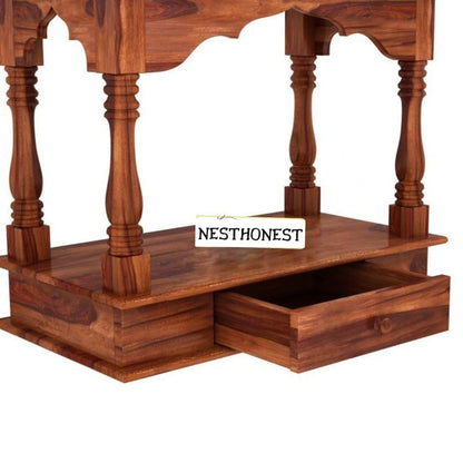 Wall Mounted Solid Sheesham Wood Temple for Home with 1 Drawer | Wooden Pooja Mandir | Honey Finish