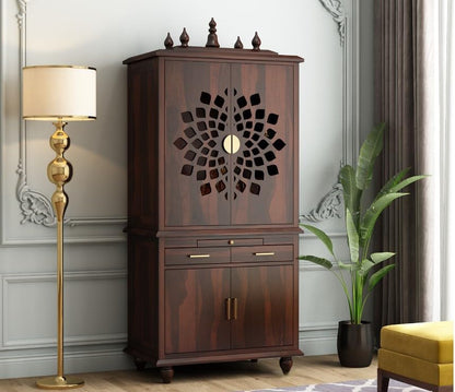 Solid Sheesham Wood Temple for Home 5.8 Feet | Large Pooja Mandir with Storage Cabinet & 2 Drawers | Walnut Finish