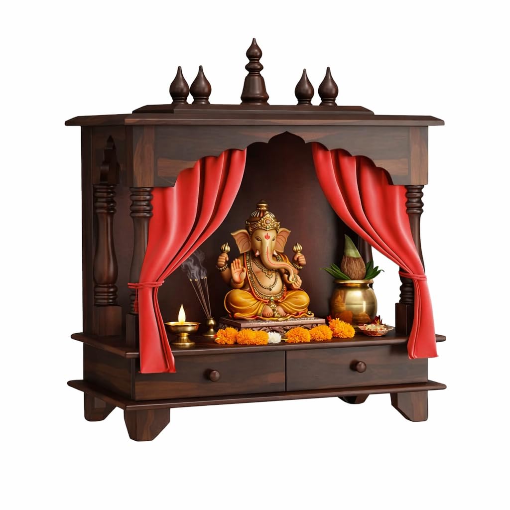 Wall Mounted Wooden Temple for Home | Solid Sheesham Wood Pooja Mandir with 2 Drawers | Walnut Finish