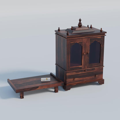 Solid Sheesham Wood Temple for Home with Glass Doors | Wooden Pooja Mandir with Drawer, Storage & Chouki | Walnut Finish