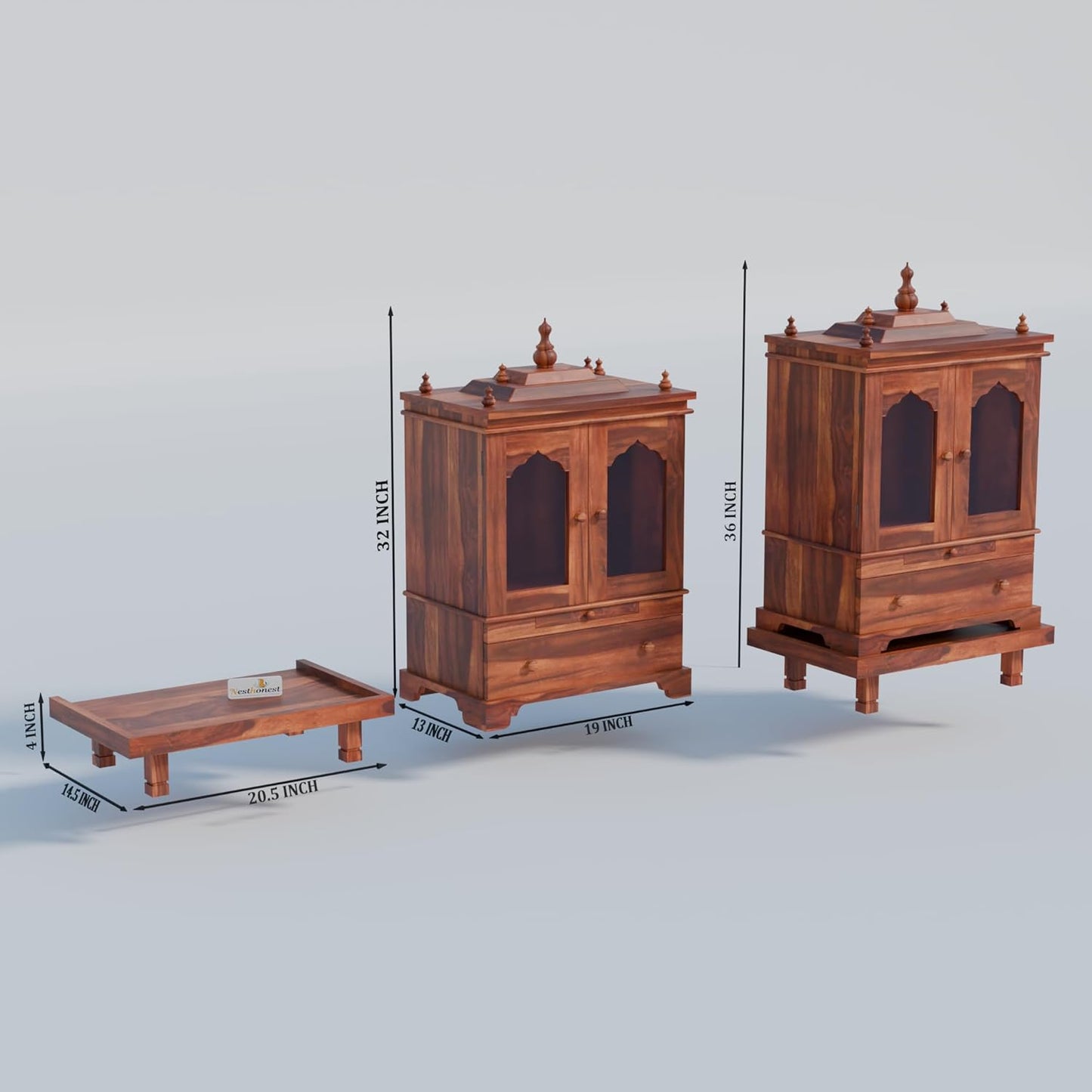 Solid Sheesham Wood Temple for Home with Glass Doors | Wooden Pooja Mandir with Drawer, Storage & Chouki | Honey Finish