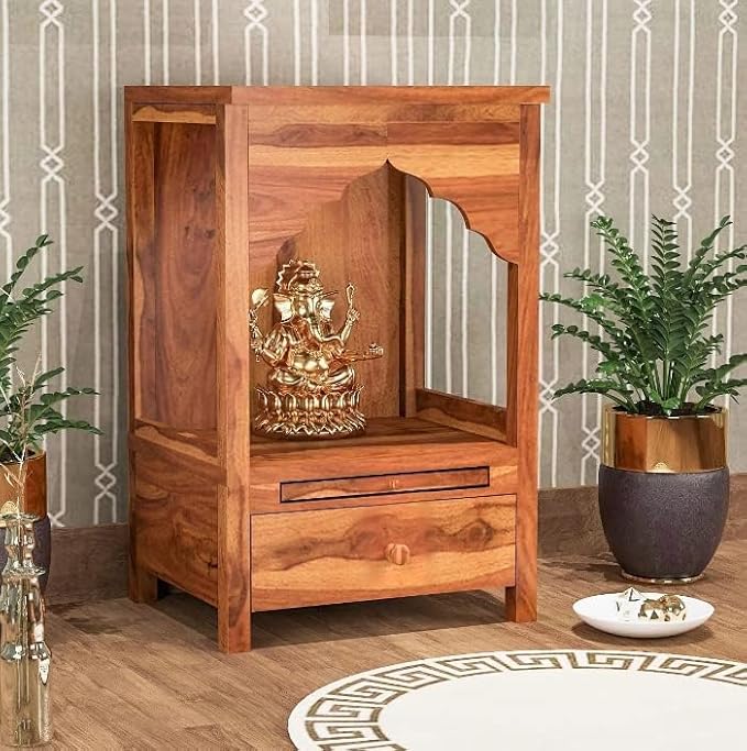 NESTHONEST 2 Feet Wooden Temple for Home | Pooja Mandir, Puja Ghar Mandap with 1 Drawer Storage & Dhoop Batti Slider Stand | Solid Wood Sheesham, Honey Oak