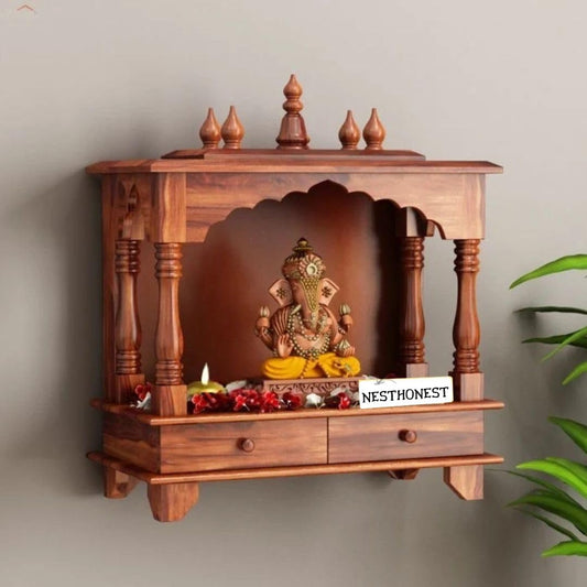 Wall Mounted Solid Sheesham Wood Temple for Home with 2 Drawers | Wooden Pooja Mandir | Honey Finish